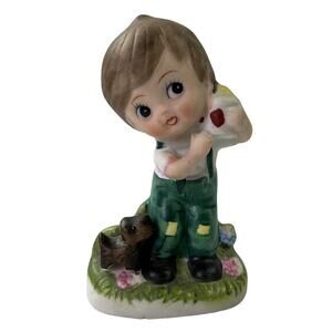 Vintage 70's 80's Wide Eyed Little Boy in Overalls & Dog Collectible Figurine